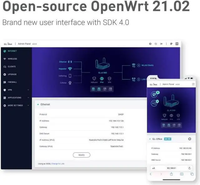 Alt view image 3 of 6 - GL.iNet GL-A1300 (Slate Plus) Wireless VPN Encrypted Travel Router Easy to Setup, Connect to Hotel WiFi & Captive Portal, Phone Tethering, Range Extender, Assess Point, Pocket-Sized, Open Source, NAS