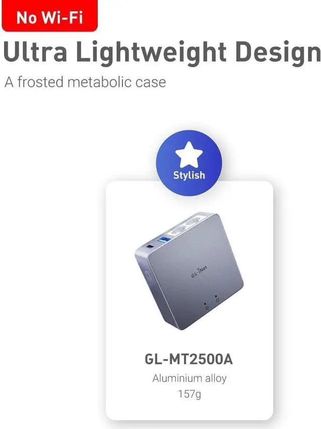 Alt view image 5 of 6 - GL.iNet MT2500A (Brume 2) Mini VPN Security Gateway for Home Office and Remote Work-VPN Server&Client for Home and Office, VPN Cascading, Internet Security, 2.5G WAN, NO Wi-Fi* (Aluminium Alloy Case)