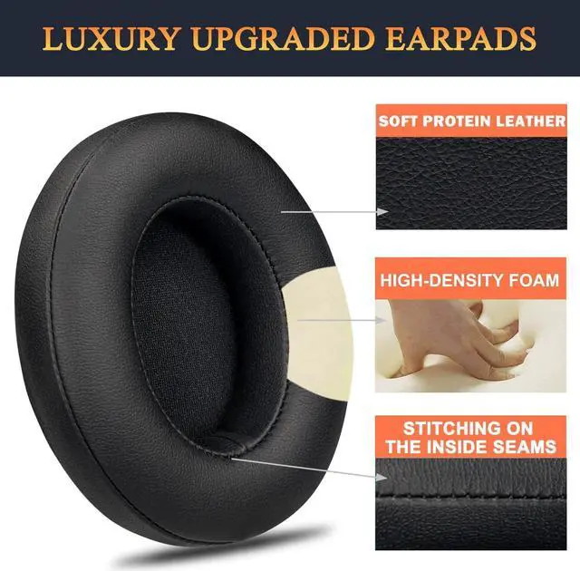 Alt view image 4 of 6 - Replacement Ear Pads Cushions for Beats Studio 2 & Studio 3 Wired & Wireless Headphones, Earpads with Soft Protein Leather, Noise Isolation Memory Foam, Added Thickness - Black
