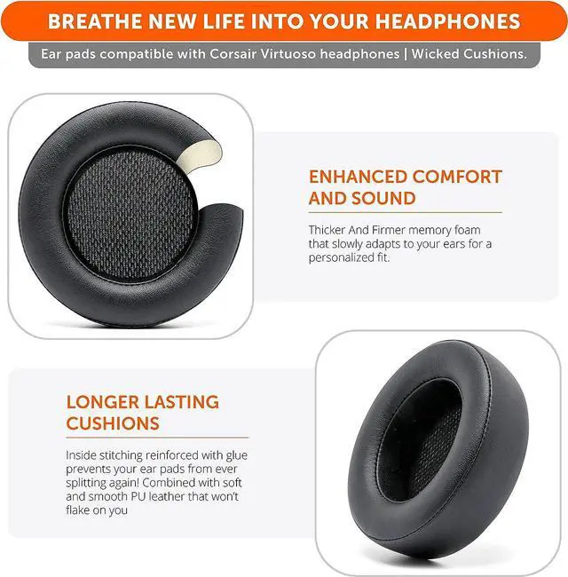 Alt view image 3 of 7 - Upgraded Replacement Earpads for Corsair Virtuoso Gaming Headset Made by Wicked Cushions | Improved Durability, Thickness, Softer Leather, and Sound Isolation | Black
