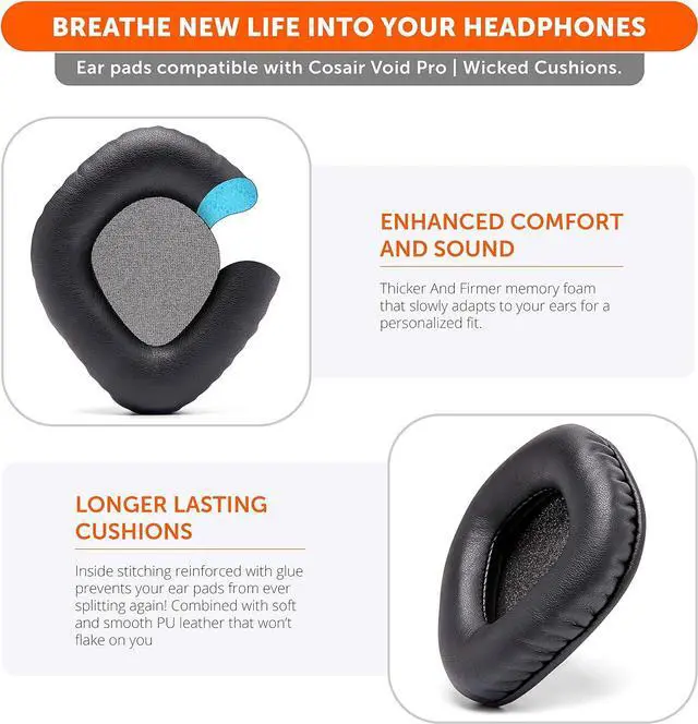 Alt view image 6 of 6 - Upgraded Replacement Earpads for Corsair Void & Corsair Void Pro Wired & Wireless Gaming Headsets Made by | Improved Durability, Thickness, and Sound Isolation | (Black)