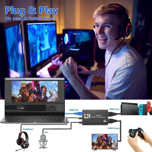Alt view image 2 of 6 - 4K Audio Video Capture Card, USB 3.0 HDMI Video Capture Device, Full HD 1080P for Game Recording, Live Streaming Broadcasting