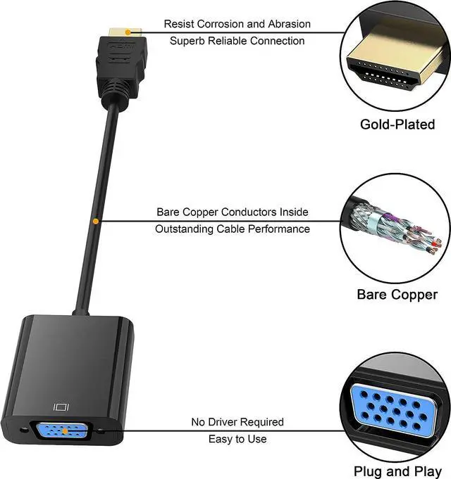 Alt view image 6 of 7 - HDMI to VGA, Gold-Plated HDMI to VGA Adapter (Male to Female) for Computer, Desktop, Laptop, PC, Monitor, Projector, HDTV, Chromebook, Raspberry Pi, Roku, Xbox and More - Black