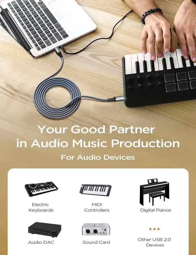 Alt view image 7 of 7 - aibileec USB B to USB C 6 FT, USB C Printer Cable, Nylon USB B to C Printer Cord for MacBook Pro/Air, USB C MIDI Cable Compatible with Yamaha Piano MIDI Keyboard, DAC, DJ Controller for iPad Pro