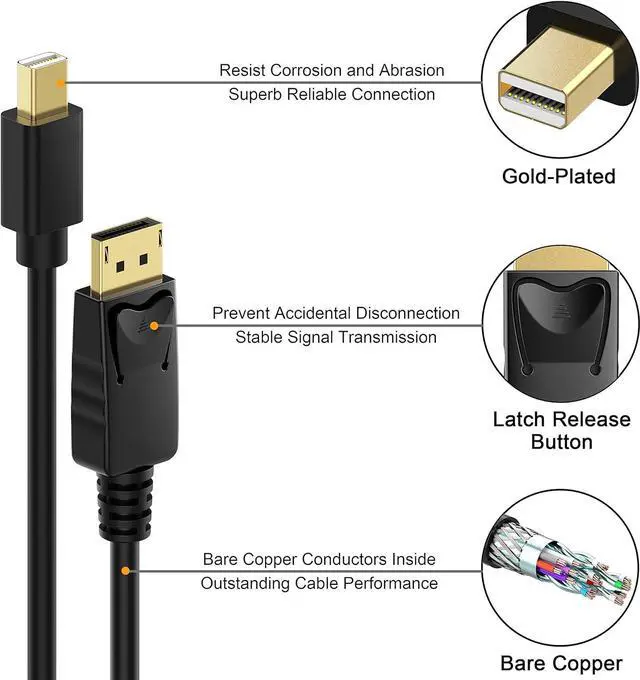 Alt view image 4 of 7 - Mini DisplayPort to DisplayPort 6 Feet Cable 4K@60Hz 2K@144Hz, Mini DP(Thunderbolt Compatible) to DP Cable (Male to Male) Gold-Plated Cord