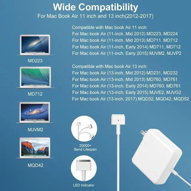 Alt view image 2 of 6 - aibileec Mac Book Air Charger,Universal Charger 45W T-Type Charger,Compatible with Mac Book Air 11-inch & 13 inch(Applicable to 2012-2017)
