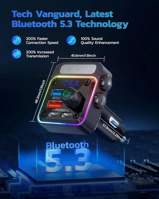 Alt view image 4 of 5 - Car Bluetooth 5.3 Wireless Adapter Radio Fm Transmitter cigarette USB charger PD 36W QC3.0 18W USB-C USB-A Hands-Free Calling 2024 Newer Version