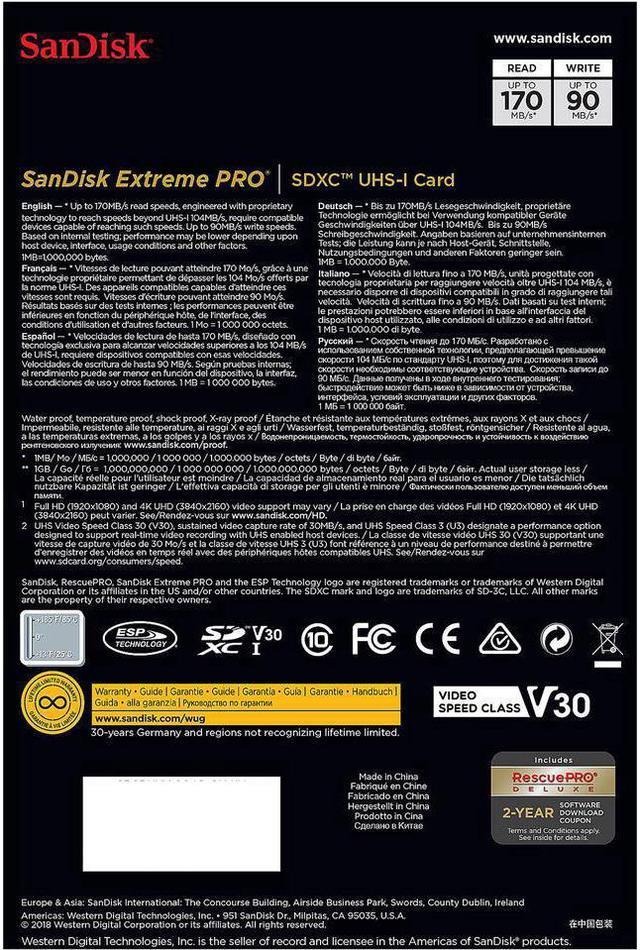 SDHC Extreme 64GB 170MB/s UHS-I U3 V30