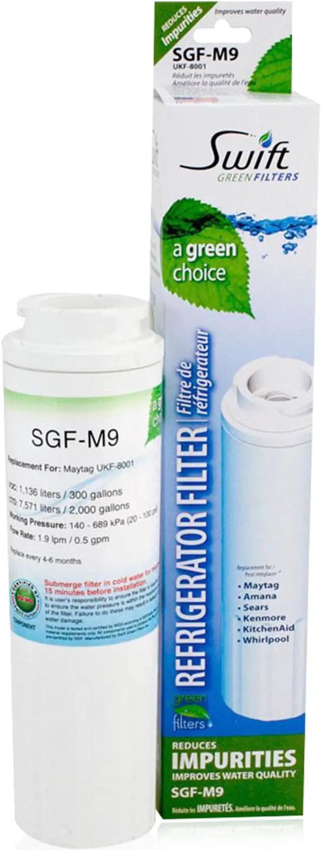 Alt view image 2 of 7 - Swift Green Filters SGF-M9 Compatible Refrigerator Water Filter for UKF8001, EDR4RXD1, FILTER 4, EFF-6007A, 46-9005, 46-9006, CLCH101, Made in USA