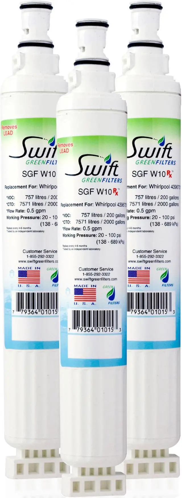 Main image of Swift Green Filters SGF-W10 Rx Compatible Pharmaceuticals Refrigerator Water Filter for 4396701, EDR6D1, FILTER 6, 46-9915, CLCH125, EFF-6001A, Made in USA (3 Pack).