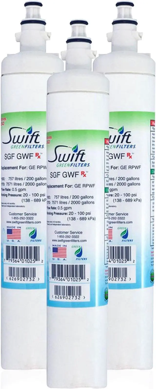 Main image of Swift Green Filters SGF-GWF Rx Compatible Pharmaceuticals Refrigerator Water Filter for GWF, RPWF, WSG-4 ,PFE29P, Made in USA (3 Pack).