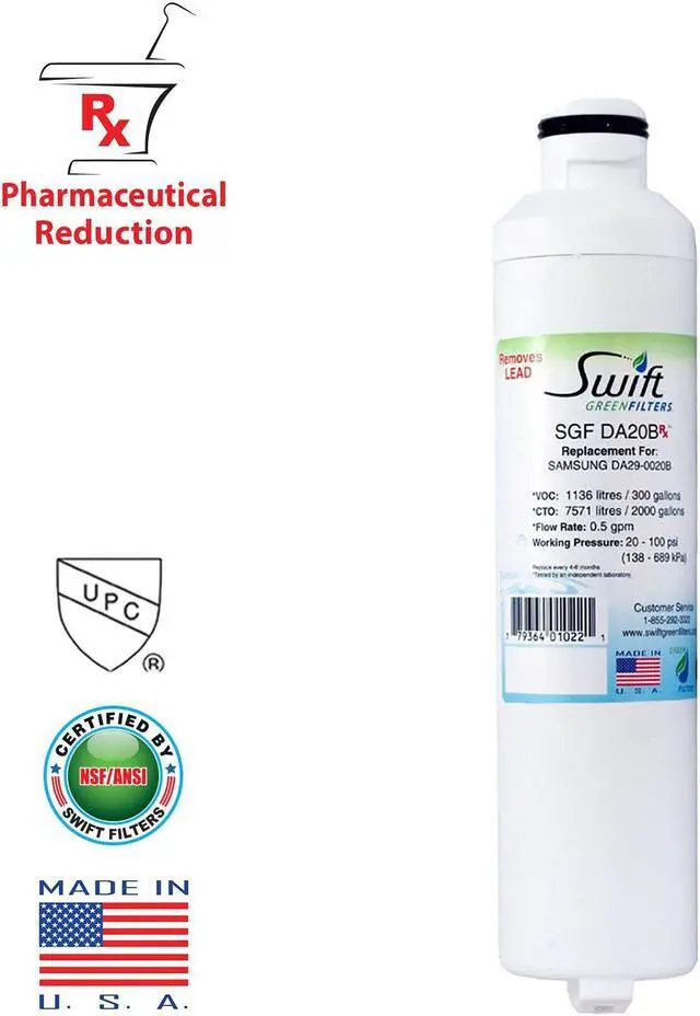 Main image of Swift Green Filters SGF-DA20B Rx Compatible Pharmaceuticals Refrigerator Water Filter for DA29-0020B, DA2900020A, DA97-08006A-B, DA97-08006B, HAF-CIN, HAF-CIN-EXP, EFF-6027A, Made in USA