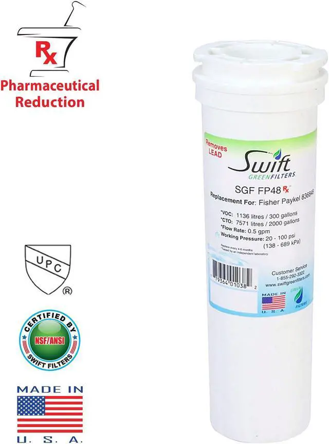 Main image of Swift Green Filters SGF-FP48 Rx Compatible Pharmaceuticals Refrigerator Water Filter for 836848, WF296, EFF6017, 67003662, Made in USA