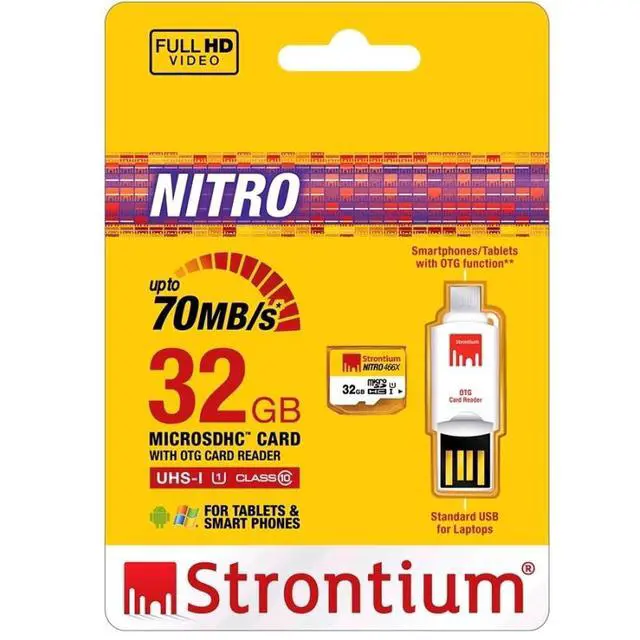 Alt view image 2 of 2 - Strontium Nitro 466X 32GB MicroSDHC UHS-1 Memory Card with OTG Card Reader SRN32GTFU1T