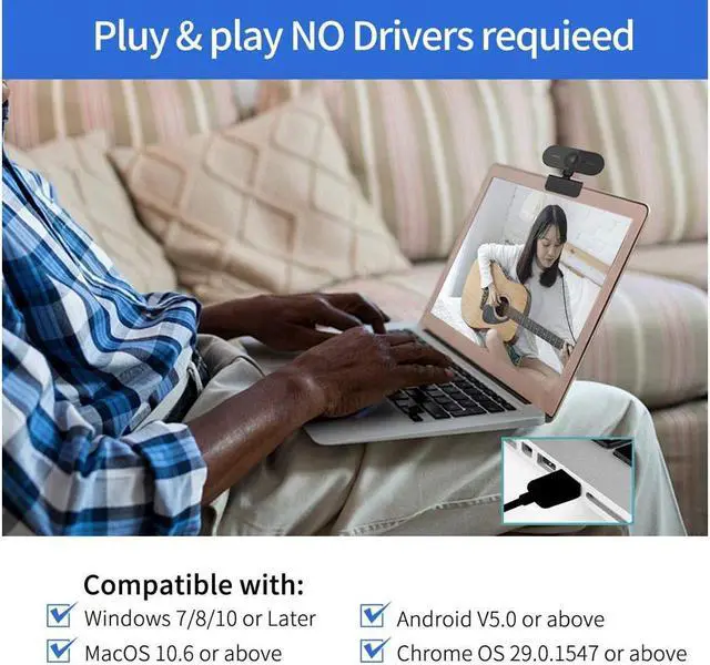 Alt view image 5 of 6 - HD Webcam 1080P 2MP with built-in microphone, USB Plug and Play, No driver needed, Support Windows, Mac, Linux and More