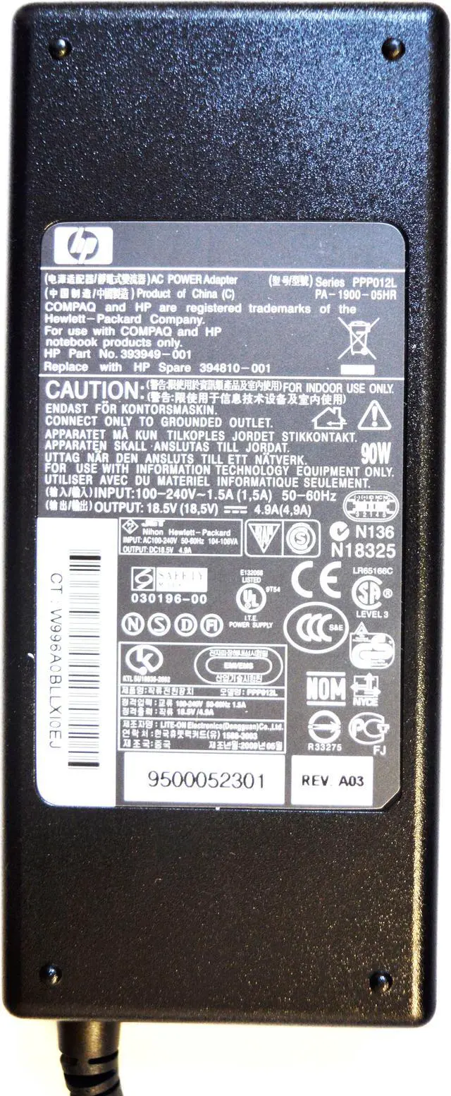 Alt view image 4 of 4 - Original HP Laptop AC Adapter: 18.4V/4.9A 90W Oval Connector 12.4 x 6.7mm. Series: PPP012L. HP Part No. 393949-001. Replace with HP Spare 394810-001. For HP Pavilion ZV6000, Compaq Presario R4000