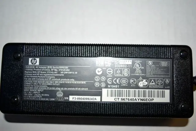 Alt view image 4 of 4 - Original HP Laptop AC Adapter: 18.4V/6.5A 120W Oval Connector 12.4 x 6.7mm. Series: PPP016H. HP Part No. 375125-002. Replace with HP Spare 375143-001.