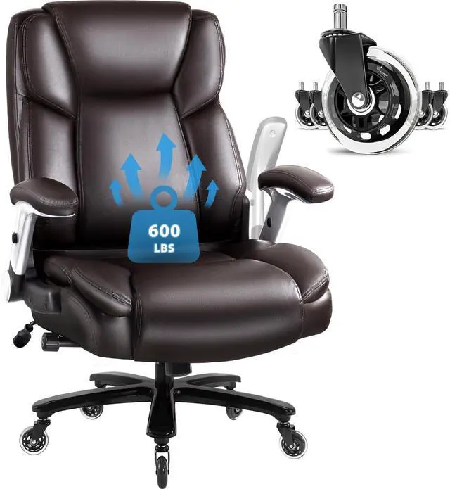 Main image of VITESSE 600lbs Big and Tall Office Chair with Flip up Armrest, Large Heavy Duty with Ergonomic Lumbar Support, Executive Office Chair for Heavy People with Quiet Rubber Wheel(Brown)