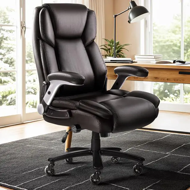 Alt view image 2 of 7 - VITESSE 600lbs Big and Tall Office Chair with Flip up Armrest, Large Heavy Duty with Ergonomic Lumbar Support, Executive Office Chair for Heavy People with Quiet Rubber Wheel(Brown)
