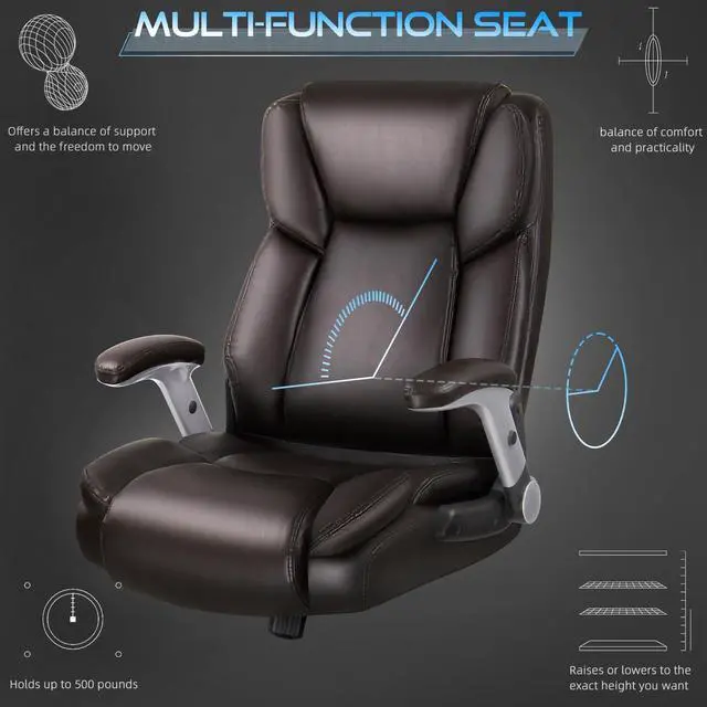 Alt view image 4 of 7 - VITESSE 600lbs Big and Tall Office Chair with Flip up Armrest, Large Heavy Duty with Ergonomic Lumbar Support, Executive Office Chair for Heavy People with Quiet Rubber Wheel(Brown)