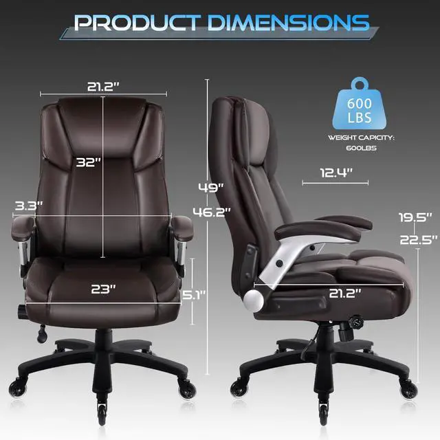 Alt view image 3 of 7 - VITESSE 600lbs Big and Tall Office Chair with Flip up Armrest, Large Heavy Duty with Ergonomic Lumbar Support, Executive Office Chair for Heavy People with Quiet Rubber Wheel(Brown)