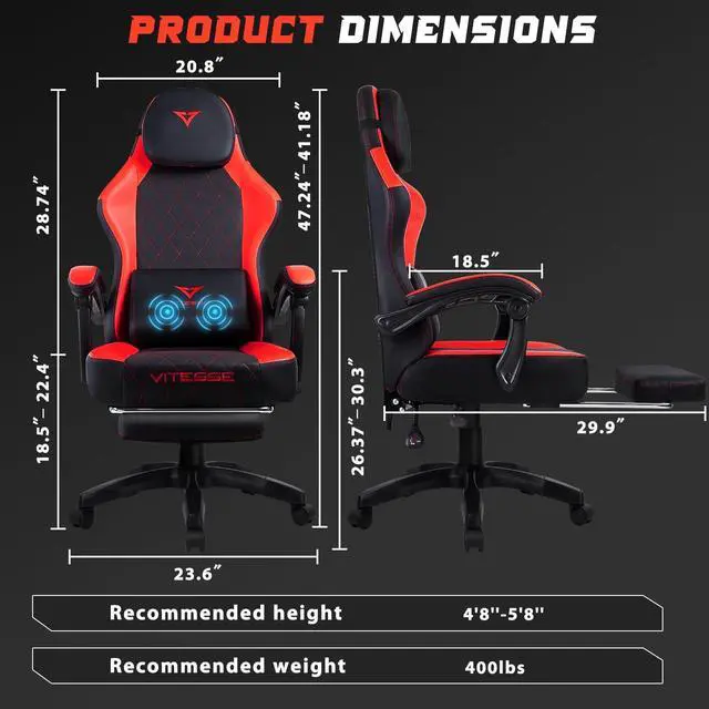 Alt view image 7 of 7 - VITESSE Ergonomic Gaming Chair for Adults, 400 lbs PC Computer Chair, Racing Office Chair, Silla Gamer Height Adjustable Swivel Chair with Lumbar Vibration Support and HeadrestRed