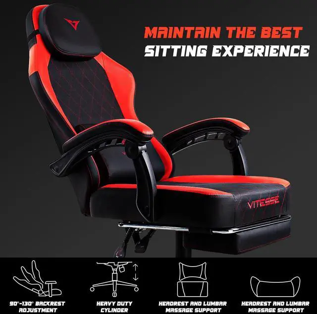 Alt view image 3 of 7 - VITESSE Ergonomic Gaming Chair for Adults, 400 lbs PC Computer Chair, Racing Office Chair, Silla Gamer Height Adjustable Swivel Chair with Lumbar Vibration Support and HeadrestRed