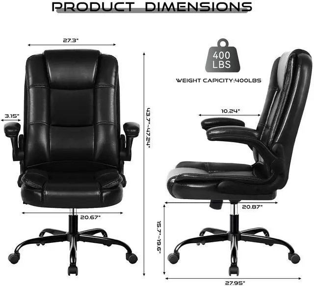 Alt view image 6 of 7 - VITESSE Executive Office Chair with Flip-up Armrests, Big and Tall Leather Ergonomic Office Chair, High Back Lumbar Support  Home Computer Desk Chair, Heavy and Duty Computer Chair (Black)