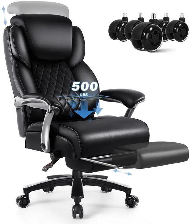 Main image of VITESSE 500lbs Big and Tall Office Chair with Foot Rest and Lifting Headrest,Large Heavy Duty Chair with Adjustable Lumber Support,Executive Office Chair,Leather Chair for Heavy People (Black)