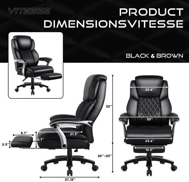 Alt view image 2 of 7 - VITESSE 500lbs Big and Tall Office Chair with Foot Rest and Lifting Headrest,Large Heavy Duty Chair with Adjustable Lumber Support,Executive Office Chair,Leather Chair for Heavy People (Black)