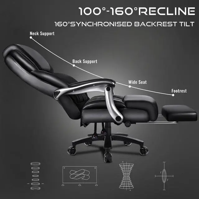 Alt view image 3 of 7 - VITESSE 500lbs Big and Tall Office Chair with Foot Rest and Lifting Headrest,Large Heavy Duty Chair with Adjustable Lumber Support,Executive Office Chair,Leather Chair for Heavy People (Black)