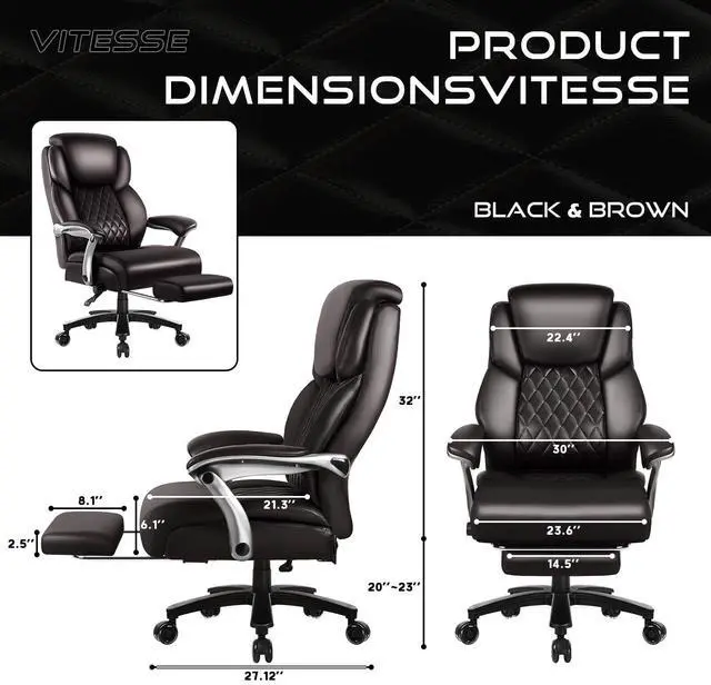Alt view image 7 of 7 - VITESSE 500lbs Big and Tall Office Chair with Foot Rest and Lifting Headrest,Large Heavy Duty Chair with Adjustable Lumber Support,Executive Chair,Leather Office Chair for Heavy People(Brown)