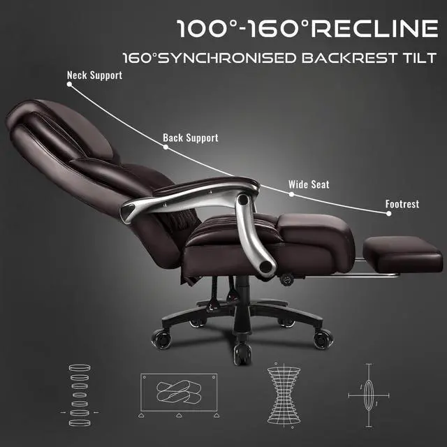 Alt view image 5 of 7 - VITESSE 500lbs Big and Tall Office Chair with Foot Rest and Lifting Headrest,Large Heavy Duty Chair with Adjustable Lumber Support,Executive Chair,Leather Office Chair for Heavy People(Brown)