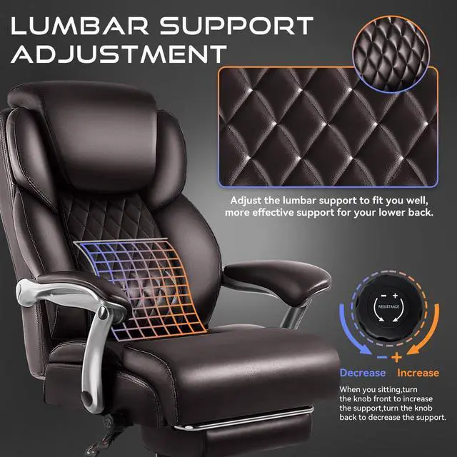 Alt view image 2 of 7 - VITESSE 500lbs Big and Tall Office Chair with Foot Rest and Lifting Headrest,Large Heavy Duty Chair with Adjustable Lumber Support,Executive Chair,Leather Office Chair for Heavy People(Brown)