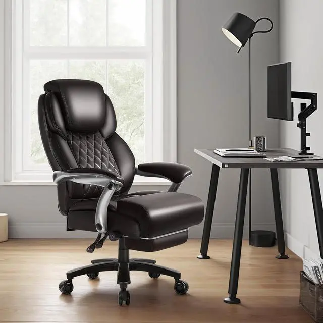 Alt view image 6 of 7 - VITESSE 500lbs Big and Tall Office Chair with Foot Rest and Lifting Headrest,Large Heavy Duty Chair with Adjustable Lumber Support,Executive Chair,Leather Office Chair for Heavy People(Brown)