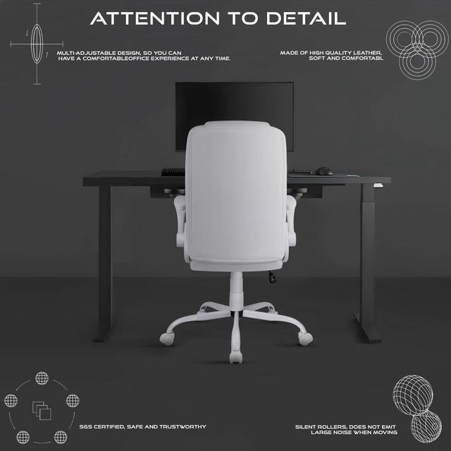 Alt view image 3 of 7 - VITESSE Ergonomic Office Chair with Flip-up Armrests, Big and Tall Leather Executive Office Chair, High Back Lumbar Support Home Computer Desk Chair, Heavy and Duty Computer Chair (White)