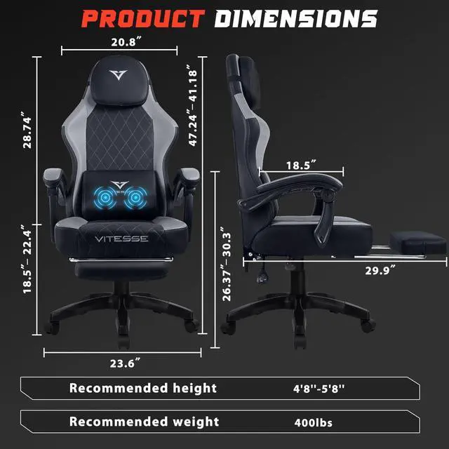 Alt view image 7 of 7 - VITESSE Ergonomic Gaming Chair for Adults, 400 lbs PC Computer Chair, Racing Office Chair, Silla Gamer Height Adjustable Swivel Chair with Lumbar Vibration Support and HeadrestGray
