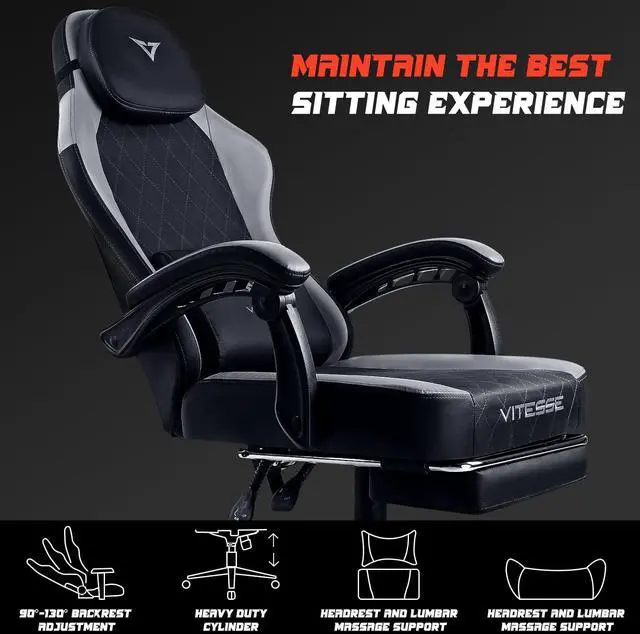 Alt view image 3 of 7 - VITESSE Ergonomic Gaming Chair for Adults, 400 lbs PC Computer Chair, Racing Office Chair, Silla Gamer Height Adjustable Swivel Chair with Lumbar Vibration Support and HeadrestGray