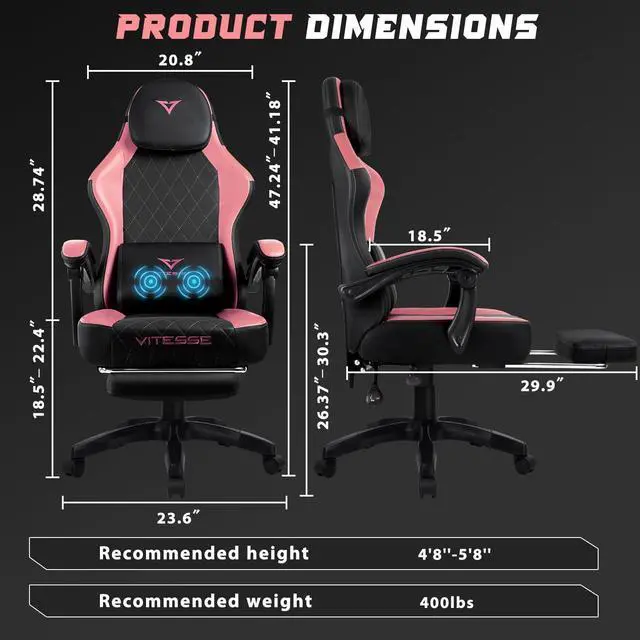 Alt view image 7 of 7 - VITESSE Ergonomic Gaming Chair for Adults, 400 lbs PC Computer Chair, Racing Office Chair, Silla Gamer Height Adjustable Swivel Chair with Lumbar Vibration Support and HeadrestPink