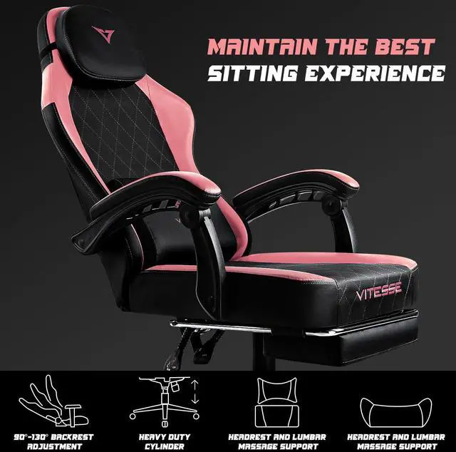 Alt view image 3 of 7 - VITESSE Ergonomic Gaming Chair for Adults, 400 lbs PC Computer Chair, Racing Office Chair, Silla Gamer Height Adjustable Swivel Chair with Lumbar Vibration Support and HeadrestPink