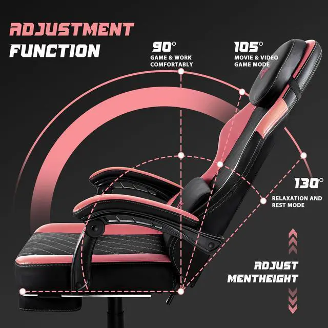 Alt view image 4 of 7 - VITESSE Ergonomic Gaming Chair for Adults, 400 lbs PC Computer Chair, Racing Office Chair, Silla Gamer Height Adjustable Swivel Chair with Lumbar Vibration Support and HeadrestPink