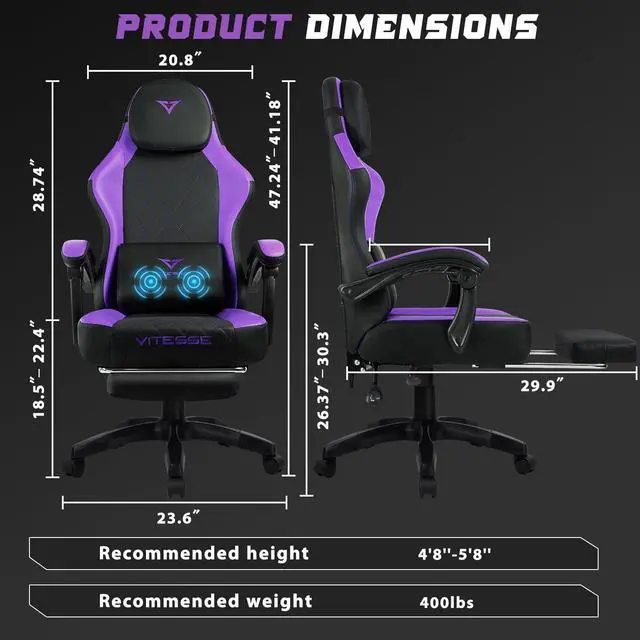 Alt view image 7 of 7 - VITESSE Ergonomic Gaming Chair for Adults, 400 lbs PC Computer Chair, Racing Office Chair, Silla Gamer Height Adjustable Swivel Chair with Lumbar Vibration Support and HeadrestPurple