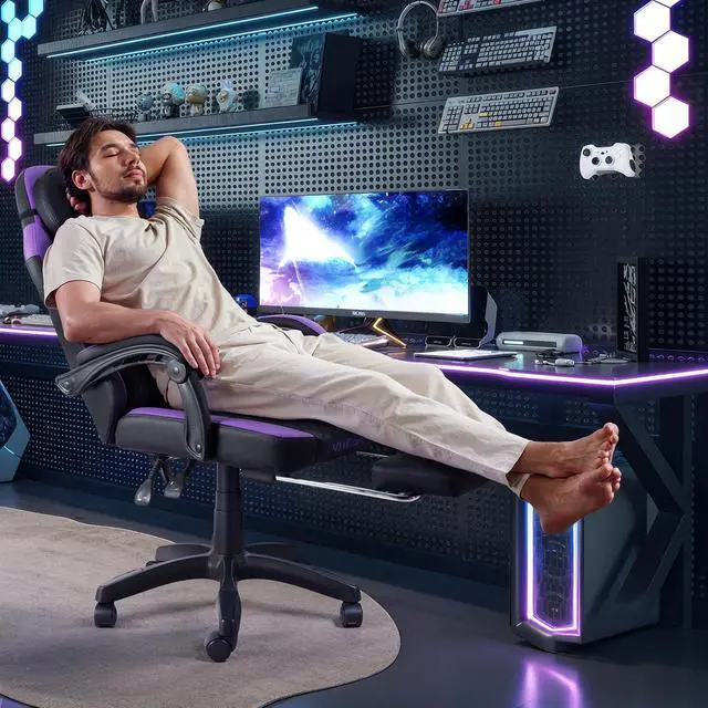 Alt view image 6 of 7 - VITESSE Ergonomic Gaming Chair for Adults, 400 lbs PC Computer Chair, Racing Office Chair, Silla Gamer Height Adjustable Swivel Chair with Lumbar Vibration Support and HeadrestPurple