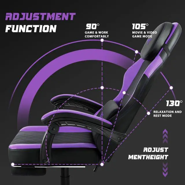Alt view image 4 of 7 - VITESSE Ergonomic Gaming Chair for Adults, 400 lbs PC Computer Chair, Racing Office Chair, Silla Gamer Height Adjustable Swivel Chair with Lumbar Vibration Support and HeadrestPurple