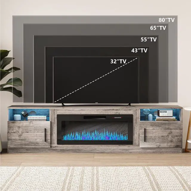 Alt view image 3 of 7 - VITESSE TV Stand with 36" inch Electric Fireplace Up to 90" TVs, LED Light Entertainment Center, 80" Modern Wood High Gloss Fireplace with Highlight Storage Cabinet for Living Room (Grey)