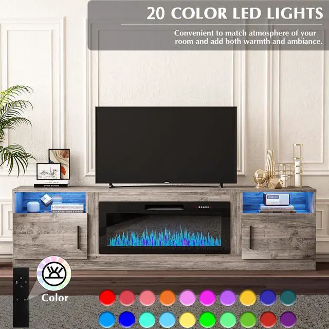 Alt view image 5 of 7 - VITESSE TV Stand with 36" inch Electric Fireplace Up to 90" TVs, LED Light Entertainment Center, 80" Modern Wood High Gloss Fireplace with Highlight Storage Cabinet for Living Room (Grey)