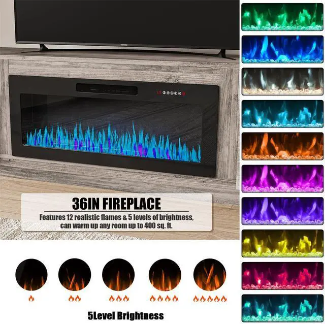Alt view image 4 of 7 - VITESSE TV Stand with 36" inch Electric Fireplace Up to 90" TVs, LED Light Entertainment Center, 80" Modern Wood High Gloss Fireplace with Highlight Storage Cabinet for Living Room (Grey)