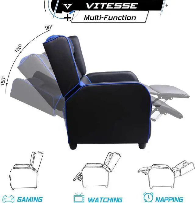 Alt view image 4 of 7 - Vitesse Gaming Recliner Chair Ergonomic Racing Style Single Lounge Sofa Modern PU Leather Reclining Home Theater Seat for Living & Gaming Room (Blue)