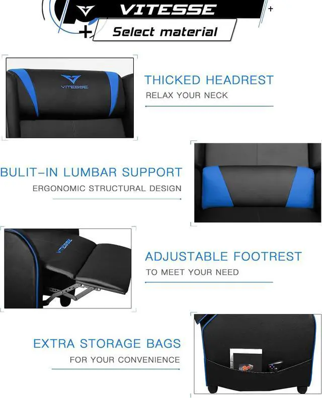 Alt view image 3 of 7 - Vitesse Gaming Recliner Chair Ergonomic Racing Style Single Lounge Sofa Modern PU Leather Reclining Home Theater Seat for Living & Gaming Room (Blue)