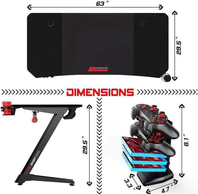 Alt view image 6 of 7 - Vitesse 63 Inch Gaming Desk, Ergonomic Office PC Computer Desk with Large Mouse Pad, Z Shaped Gamer Tables Pro with USB Gaming Handle Rack, Stand Cup Holder and Headphone Hook